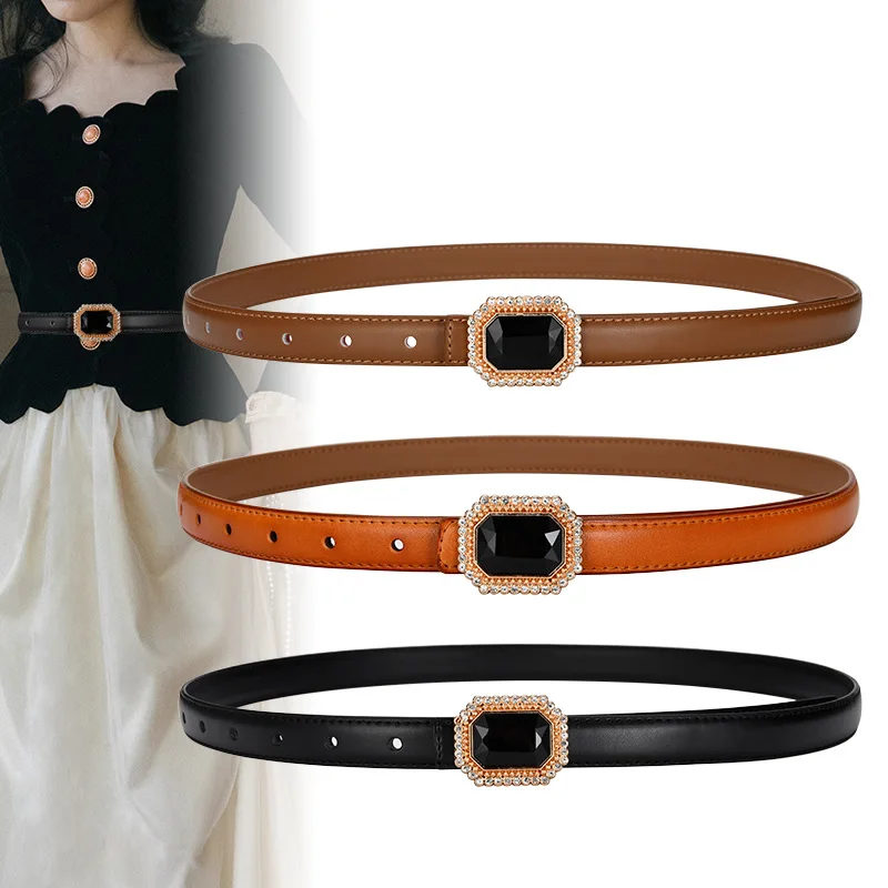 1.9 Cm Wide Women Genuine Leather Belt Crystal Gems Female Fine Belts Fashion Casual Luxury Clothes Dress Waistband Accessories