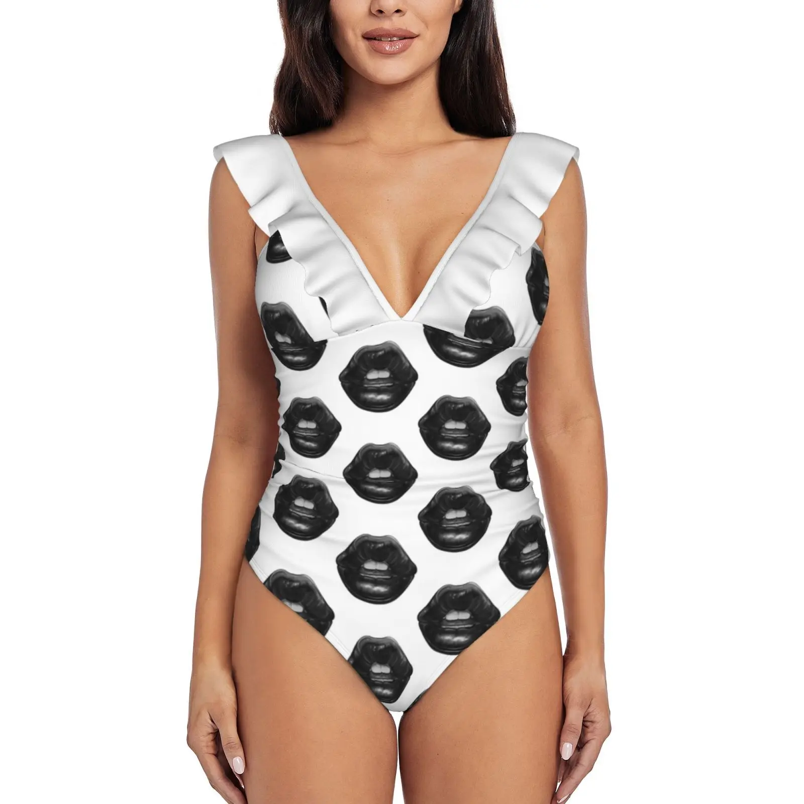 Black Lips Ruffled One-Piece Swimsuit Women Sexy Monokini Swimwear New Beach Bathing Suits Goth Goth Lips Black Black Lips