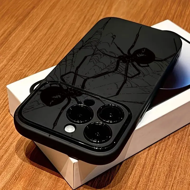 Фото Стильный черный чехол для телефона с узором паука для iPhone 11 12 13 14 15 Pro Max 16 Plus 17 Pro X XS XR, матовый, с большим окном, мягкая задняя крышка №3