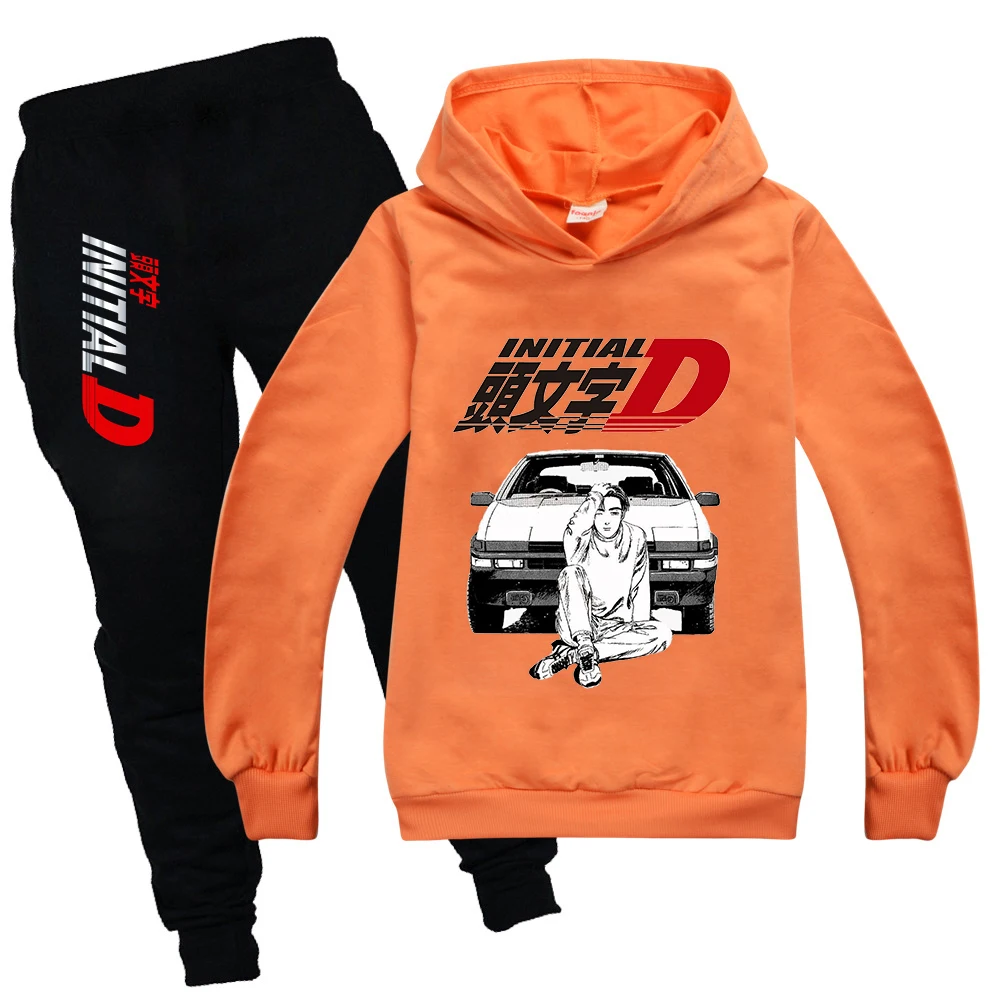 Initial D Hoodie Kids Japanese Anime Autumn Spring Sweatshirt Girls/Boys Graphic Clothing Set Long Sleeve Suit Casual Tops 2-15Y