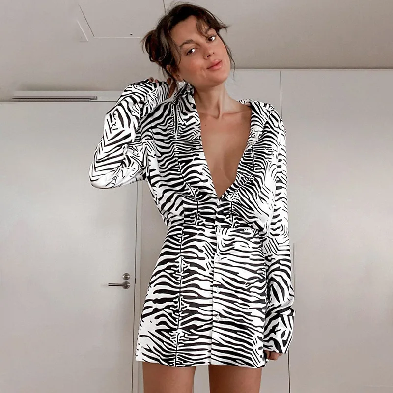 Zebra Striped Button Up Long Sleeve Casual Shirt Dresses for Womens Fall 2022 Clubwear Sexy Causal Dress for Women Mini Dress