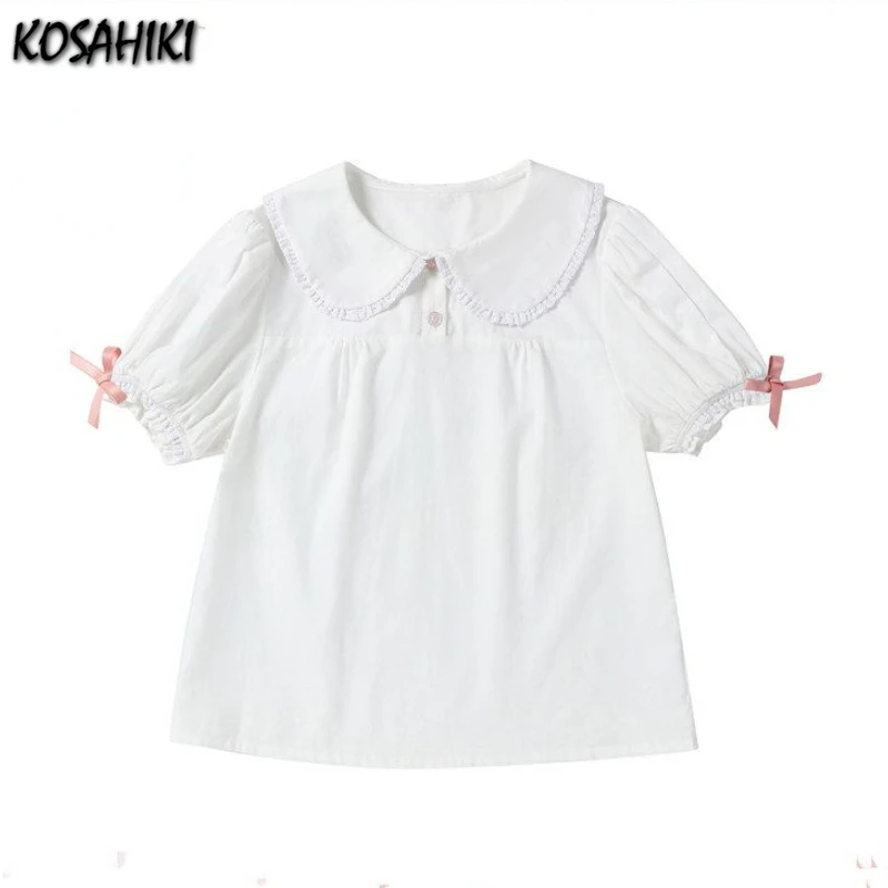 Y2k эстетичная Милая Кружевная Лоскутная Женская рубашка JK Белая Летняя кавайная