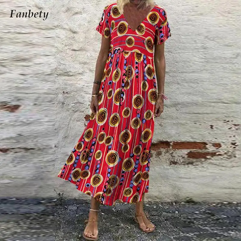 

Женское элегантное длинное платье с глубоким V-образным вырезом, винтажное свободное женское платье с цветочным принтом, повседневное Плиссированное праздничное платье с коротким рукавом, 2023