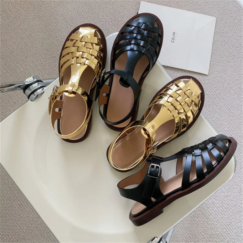 Vintage Fashion Temperament Gold Woven Hollow Roman Sandals For Women Summer Korean Casual Beach Shoes Female Flats