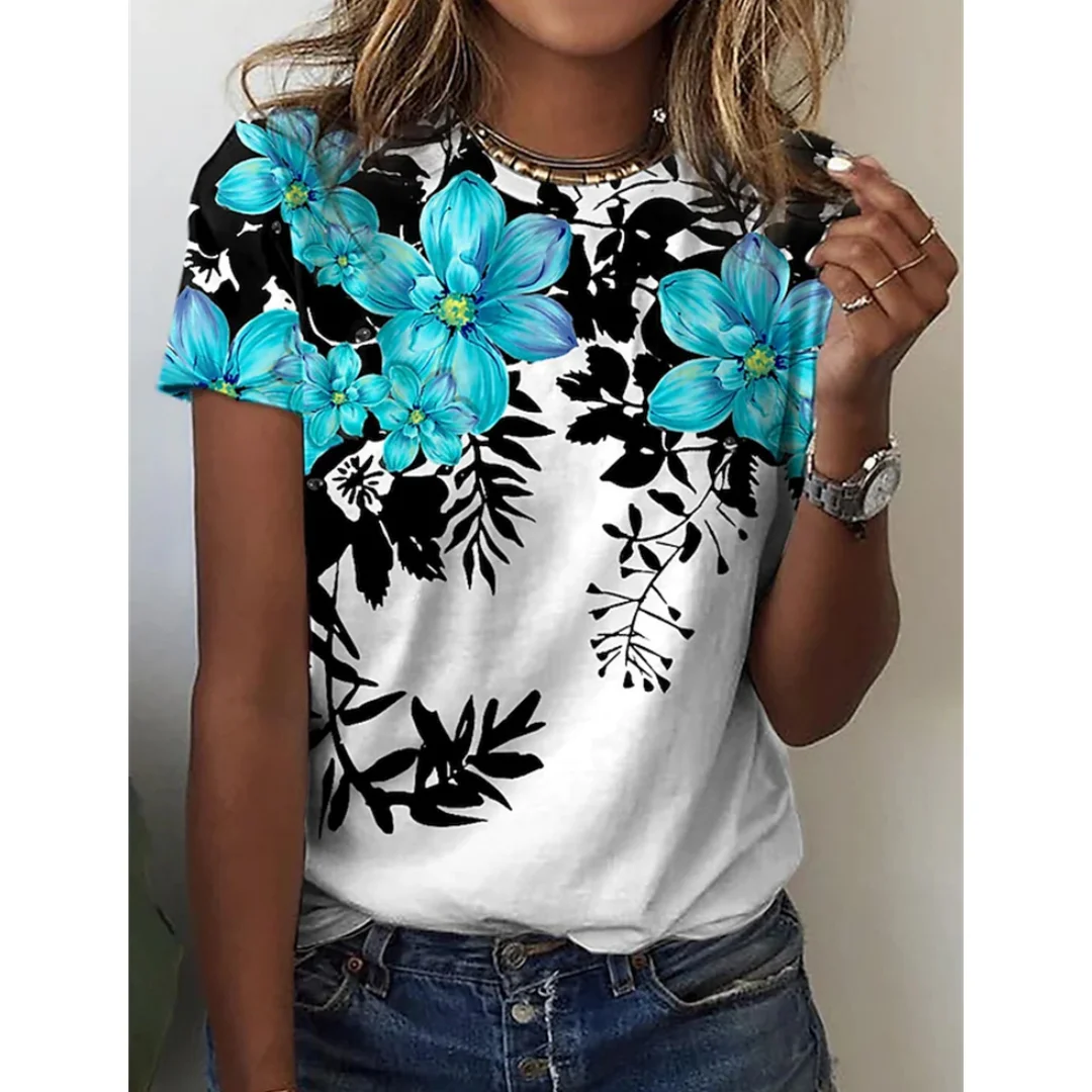 

Cotton Women's T Shirts O Neck Flowers Gradient Fashion New Print Short Sleeve Tee For Women Senior Casual Tops Oversize Clothes