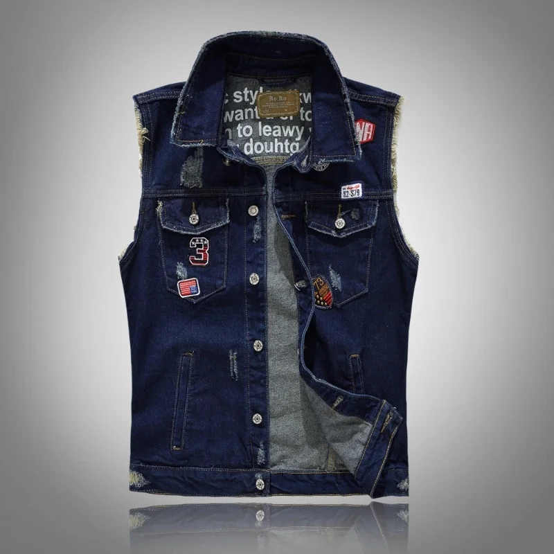 

Four Seasons Denim Vest Casual Punk Rock Holes Cowboy Blue Jeans Waistcoat Fashion Tide Men Motorcycle Style Sleeveless Vest