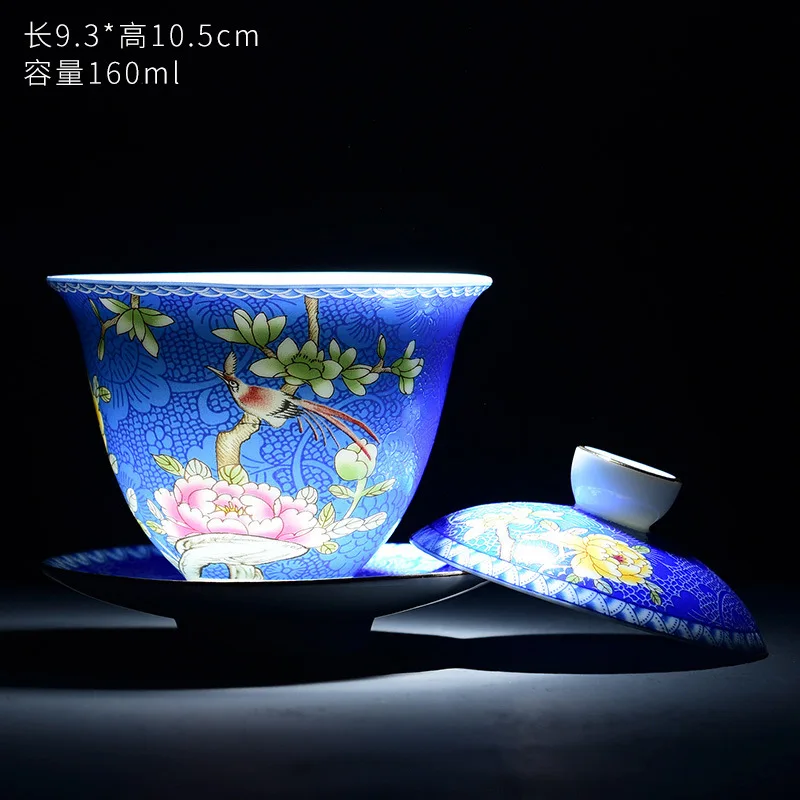 

Ceramic products Franc color tea cup ceramic cover bowl blue and white porcelain Sancai tea bowl chinese manual tea tasting Kung