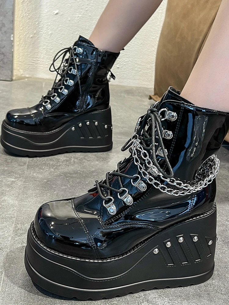 

Women Shoes 2022 Autumn Winter New High Heels Chelsea Boots Fashion Chain Wedges Platform Motorcycle Ankle Boots Pumps Gladiator