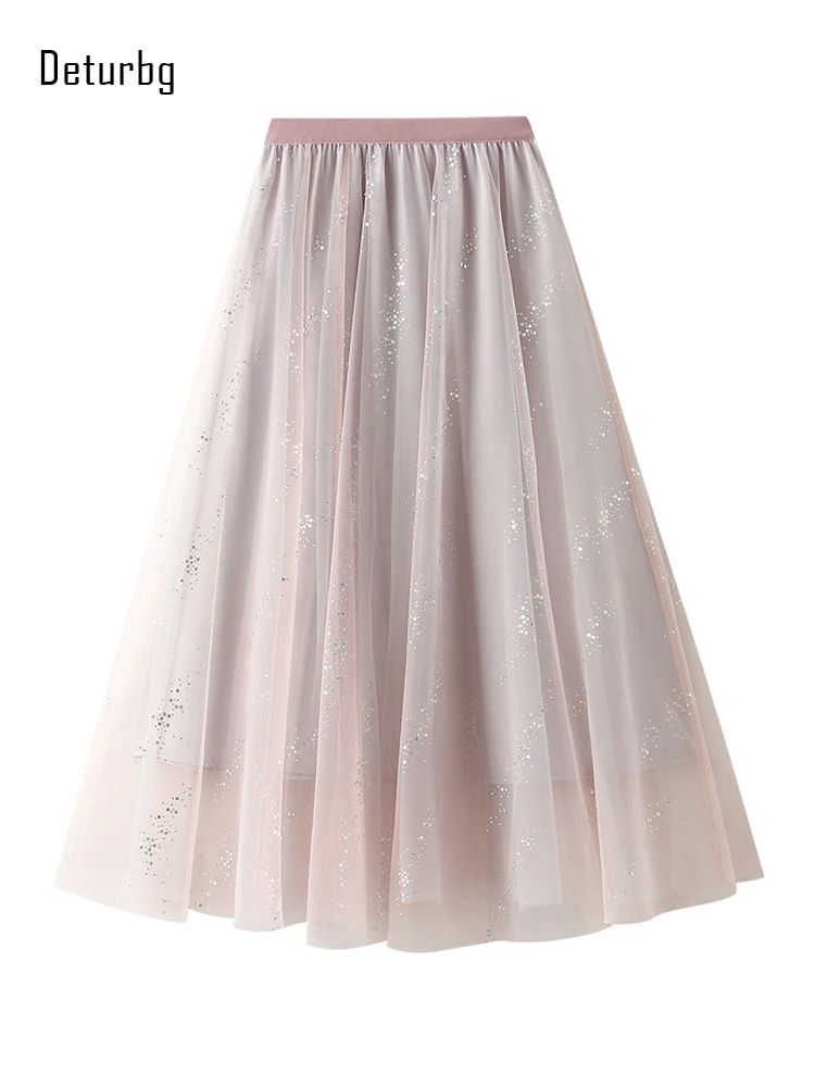

Women's Elegant Bright Dot Mesh Long Skirt Korean Elastic High Waist 3 Layer Shiny Tulle Skirts For Woman Saias 2022 Summer K90