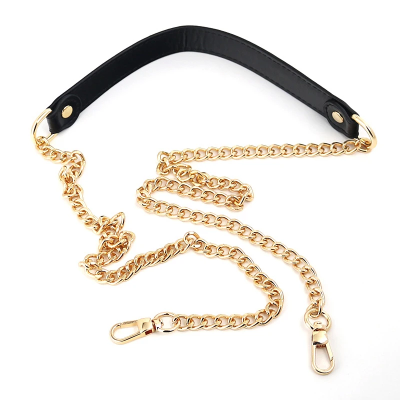 

120cm Replacement Shoulder Crossbody Bag Strap Black PU Leather Handle with Gold Silver Metal Chains Messenger Chain Bag Belt