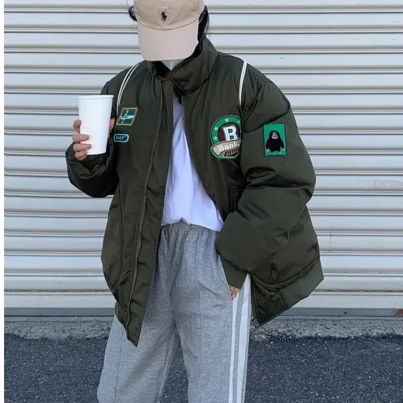 Street Fashion Embroidery Jacket Women'S Winter Cotton Parka Hip Hop Zipper Harajuku Loose Warm Coat Casual