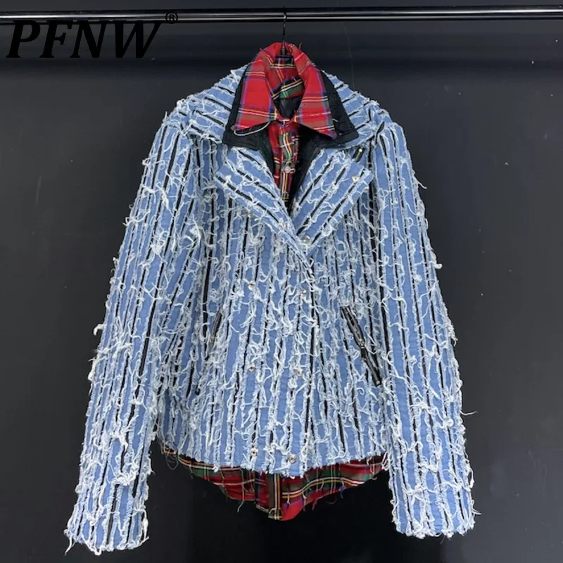 

PFNW Spring Autumn Men's Fake Three Pieces Design High Street Style Jackets Denim Coat Fashion Casual Raw Edge Tops 28A0267