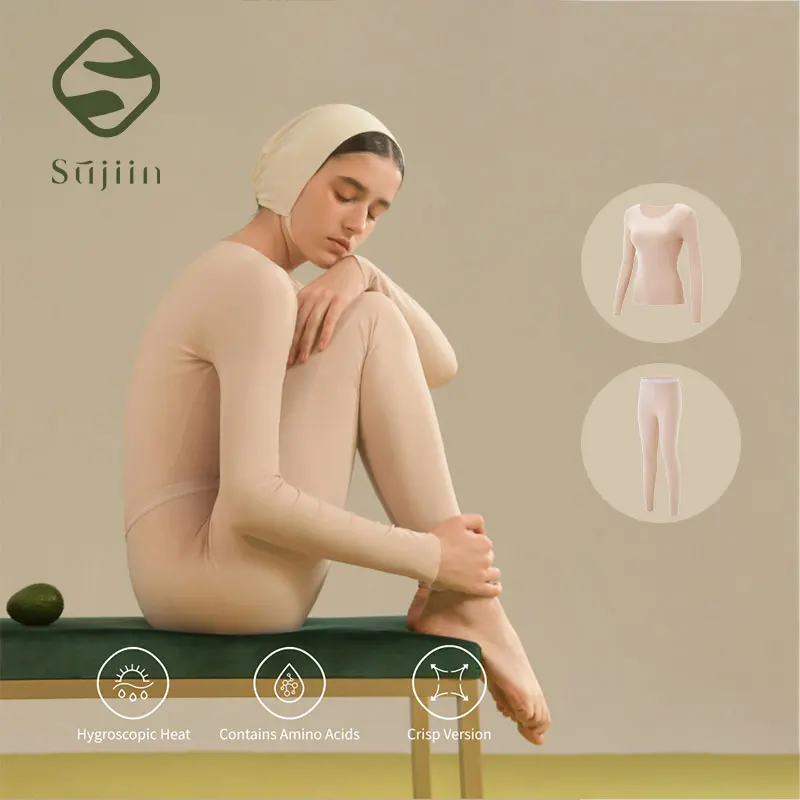 SUJIIN المرأة ملابس اخلية حرارية مجموعة الشتاء الجولة الرقبة الحرارية القمم السيدات طويلة جونز مكافحة ساكنة قطعتين امرأة مجموعات WC050