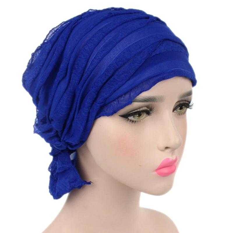 Women Turban Ruffle Cap Vintage Beanie Headscarf Elastic Pleated Ruched Headwrap