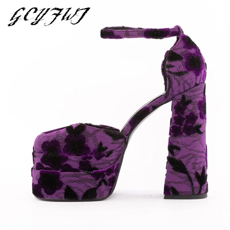 Женские босоножки на высоком каблуке фиолетовые черные или синие платформе с