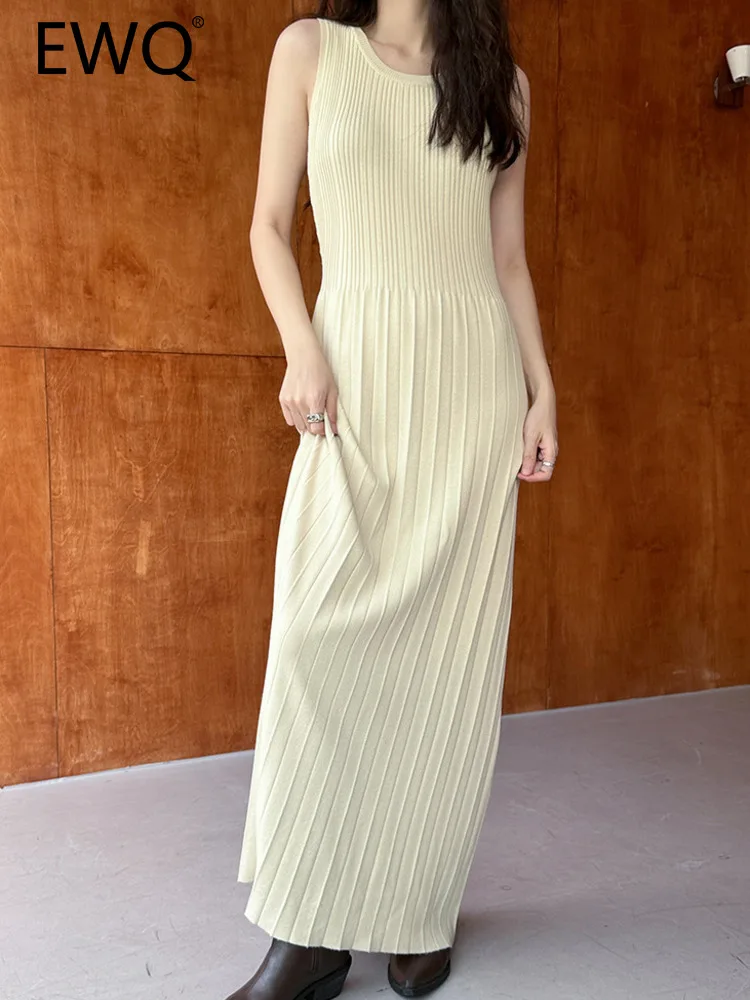 

EWQ Knitting Bottoming Sleeveless Dress Long For Women 2023 Autumn New Solid Round Neck Round Neck Office Lady Dresses 26D5428