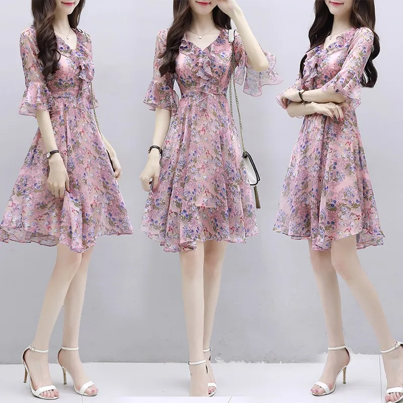 

Oversize Floral Chiffon Dress Women Vestidos 2022 Summer New Elegant Slim V-Neck Sleeve A-Line Mini Dresses Female