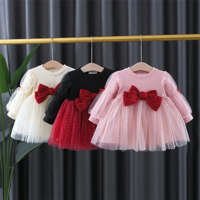 

LZH 2022 Autumn Winter Kids Princess Dress Sweet Bowknot Children's Dress Toddler Girls Dresses For Baby Girls Clothes 1-5 Year