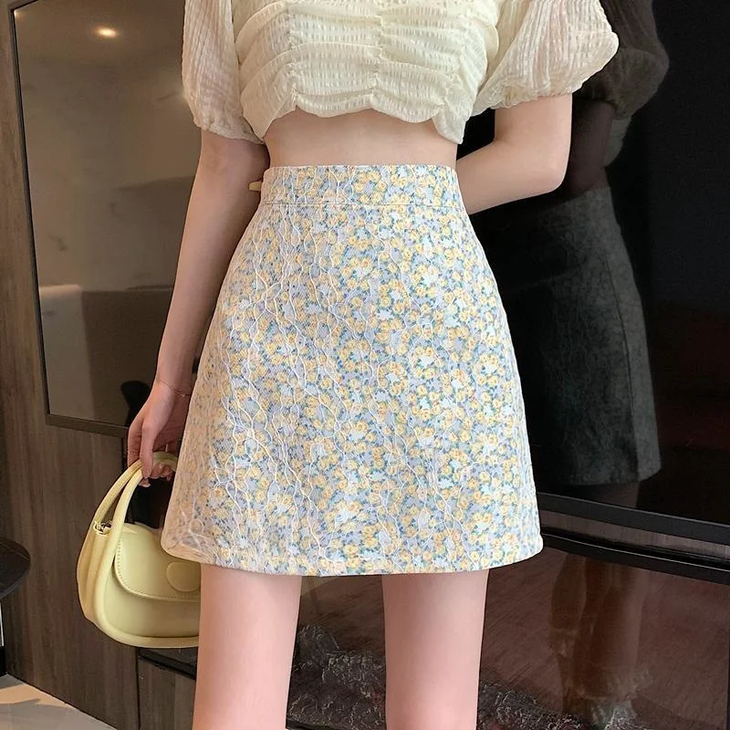 Летняя Маленькая кружевная юбка 2023 женская короткая с высокой талией одежда