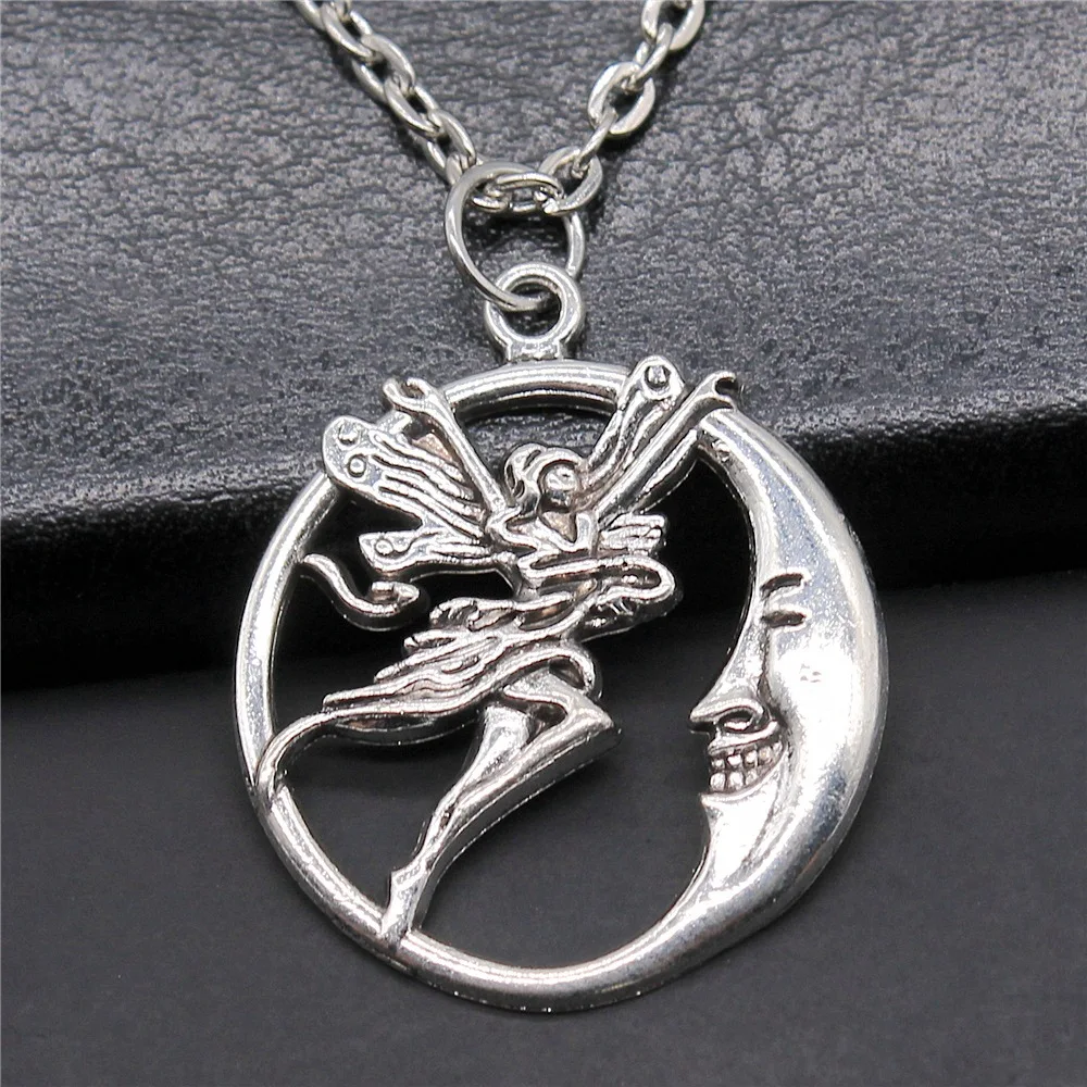 Женское винтажное ожерелье с подвеской в виде Луны и ангела, 2 цвета, 26x30 мм