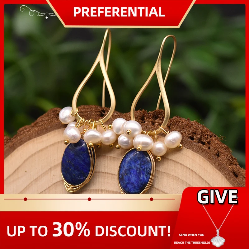 

GLSEEVO Natural lapis lazuli Pearl Temperament Drop Earrings Women Girls Party Gift Original Design Luxury Jewellery Gift GE0988