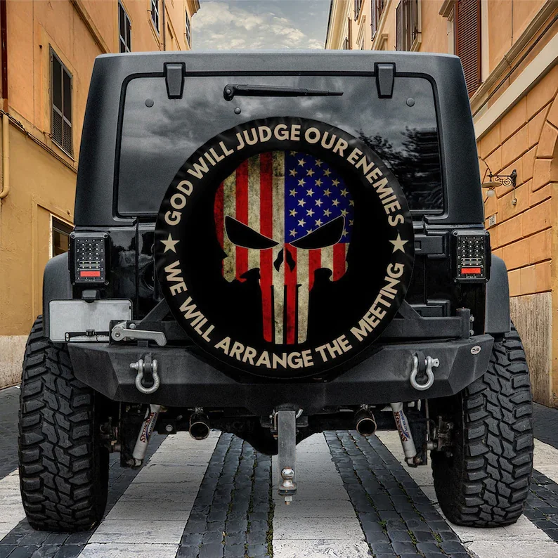 

God Will Judge Our Enemies We'll Arrange The Meeting Spare Tire Cover With Or Without Camera Hole,Skull American Flag Spare Tire