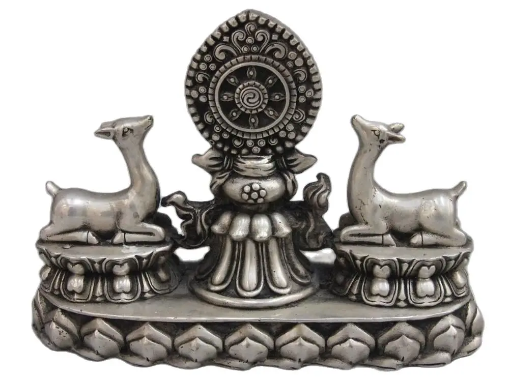 

22 см 9 дюймов Тибетский буддизм Белый Медный Серебряный цветок лотоса восемь сокровищ олень фу статуя