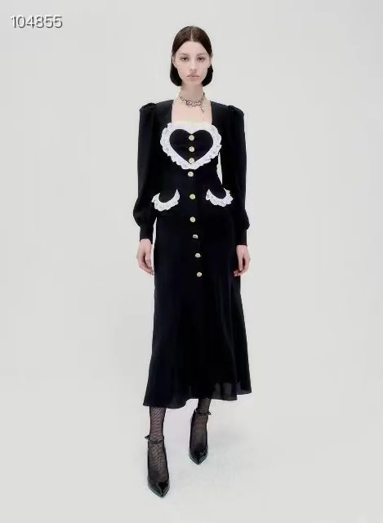 

Size XXL Ruffles Patchwork Fashion Women Long Dress Black Color Full Sleeves Button Lady Elegant Dresses