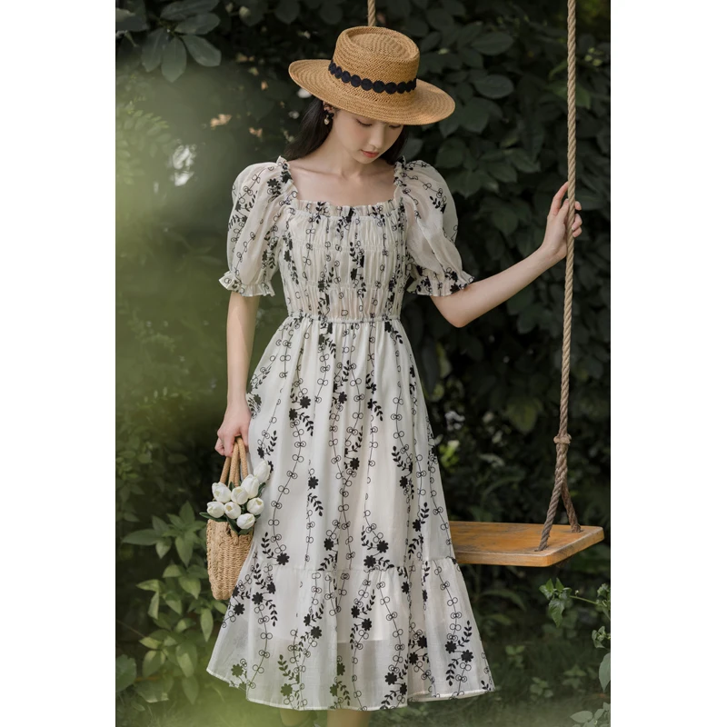 

Jiangnan ink and wash flower commute waist puff sleeve dress flocking skirt
