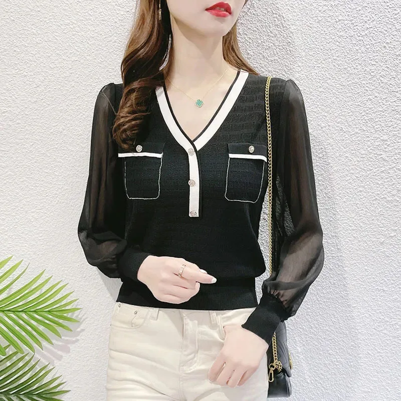 

Женская тонкая шифоновая рубашка размера плюс, летние повседневные свободные топы, корейская модная офисная блузка с соединением, шикарная блузка