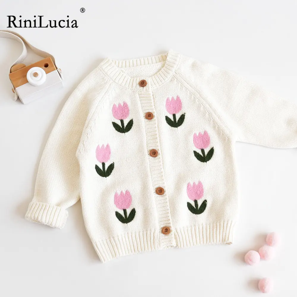 

RiniLucia 2022 Autumn Winter New Child Long Sleeve Tops O-Neck Knitted Floral Jacket For Little Girl Cardigan Sweaters Kids