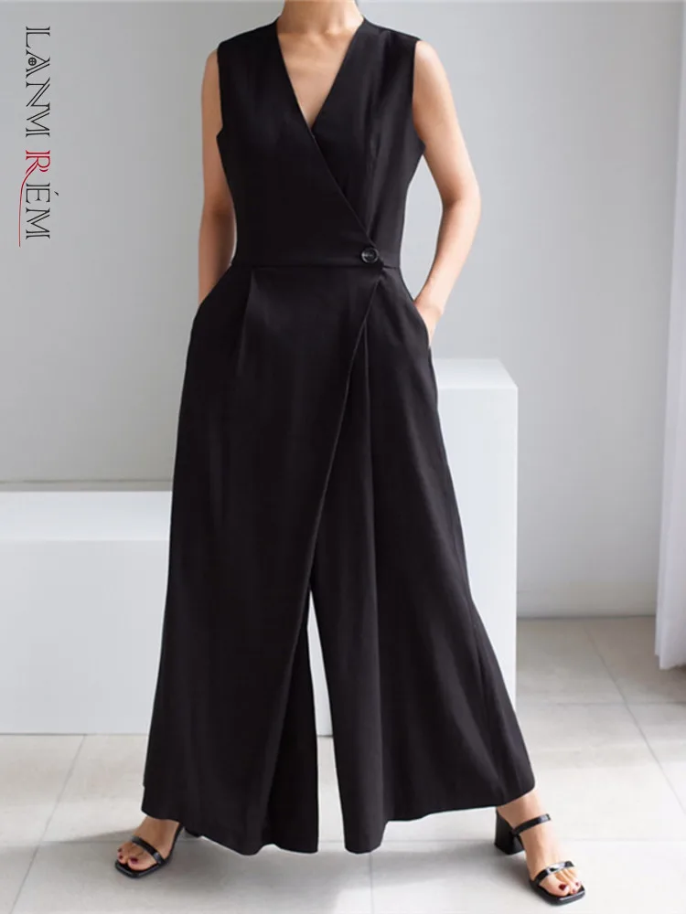 

LANMREM Loose Wide Leg Jumpsuit High Waist V Neck Sleevess Black Jumpsuits Female Fashion Streetwear Clothing 2022 Summer 2R2165