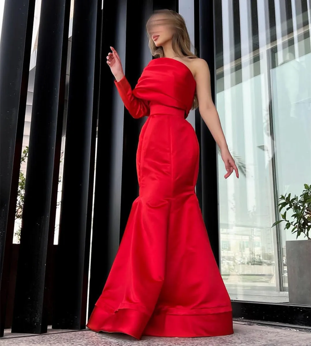 

Винтажное Длинное Красное Атласное Вечернее платье с юбкой-годе, плиссированное платье в пол на одно плечо