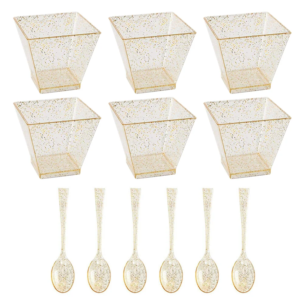 

Cake Containers Lids Mini Cups Desserts Clear Cups、 Yogurt Square Serving Plastic Gold Powder