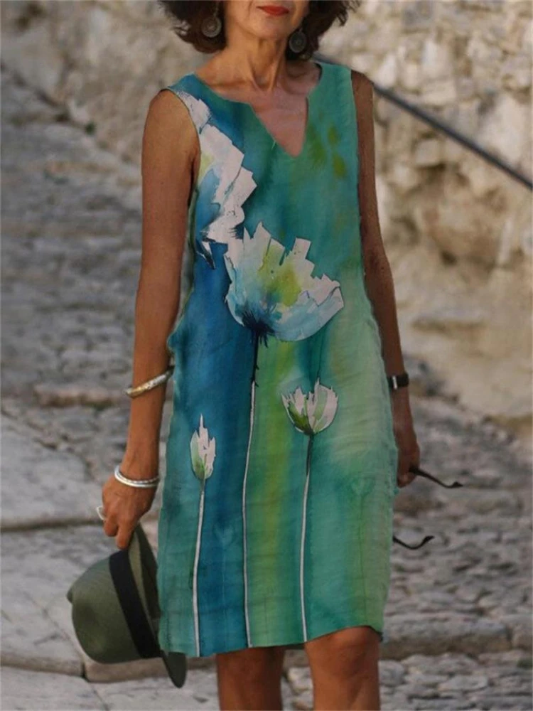 

Женское прямое платье до колен, повседневное винтажное платье с принтом, V-образным вырезом и коротким рукавом, большие размеры, на лето