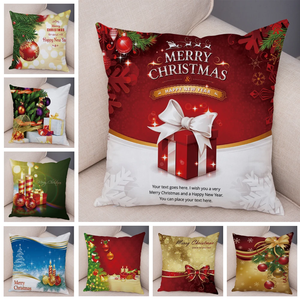 

Merry Christmas Pillowcase Decor Cute Cartoon Xmas Bell Candle Gift Box Pillow Case Soft Plush Cushion Cover for Sofa Home