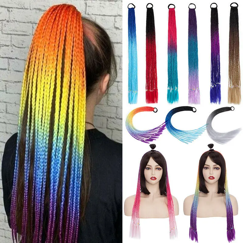 

Synthetic Colorful Box Ponytail Hair Extensions False Overhead Tail With Rubber Elastic Band Braiding Rainbow Hairpiece Pigtail