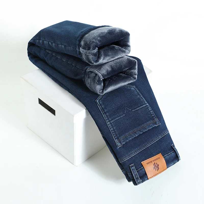 

Winter Brand Fit Straight Men's Jeans Fleece Thick Warm Business Casual Classic High Waist Denim Pants Cotton Stretch Trousers