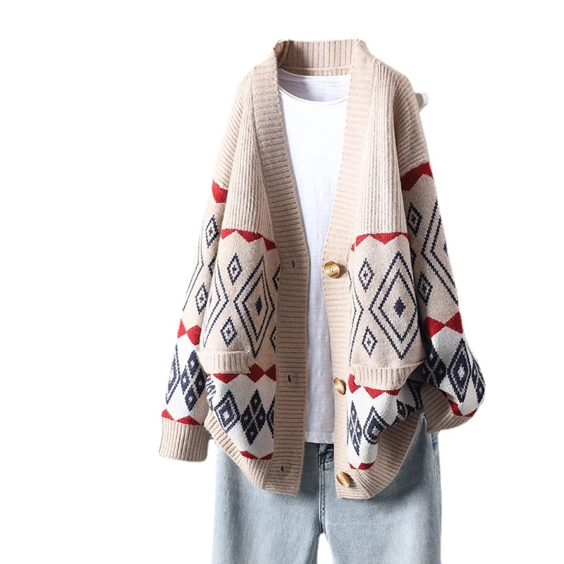 

Осенний кардиган, женский свитер, новинка 2022, вязаный свитер в национальном стиле, женское художественное жаккардовое пальто в стиле ретро с длинным рукавом и V-образным вырезом