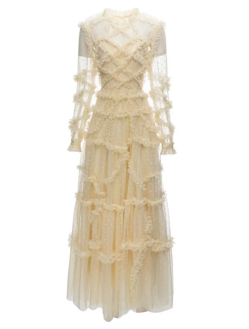 

Женское длинное платье в горошек, длинное Сетчатое платье с каскадными оборками и длинным рукавом, осень 2023