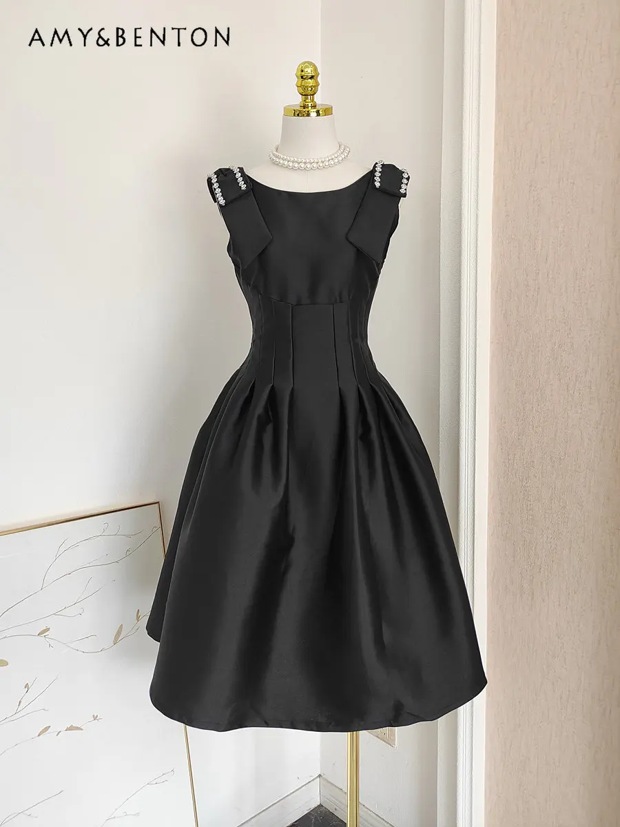 

French Style Elegant Hepburn Style Bow Diamond Pleated Waist Tight Pettiskirt Black Dress Summer Sleeveless Slimming Dress