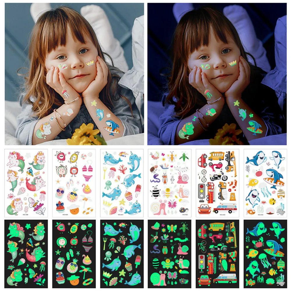 

Luminous Tattoo Sticker Children Arm Face Glowing Tattoo Children Body Art Tattoo Dinosaur Pirate Unicorn Mermaid Tattoo Cartoon