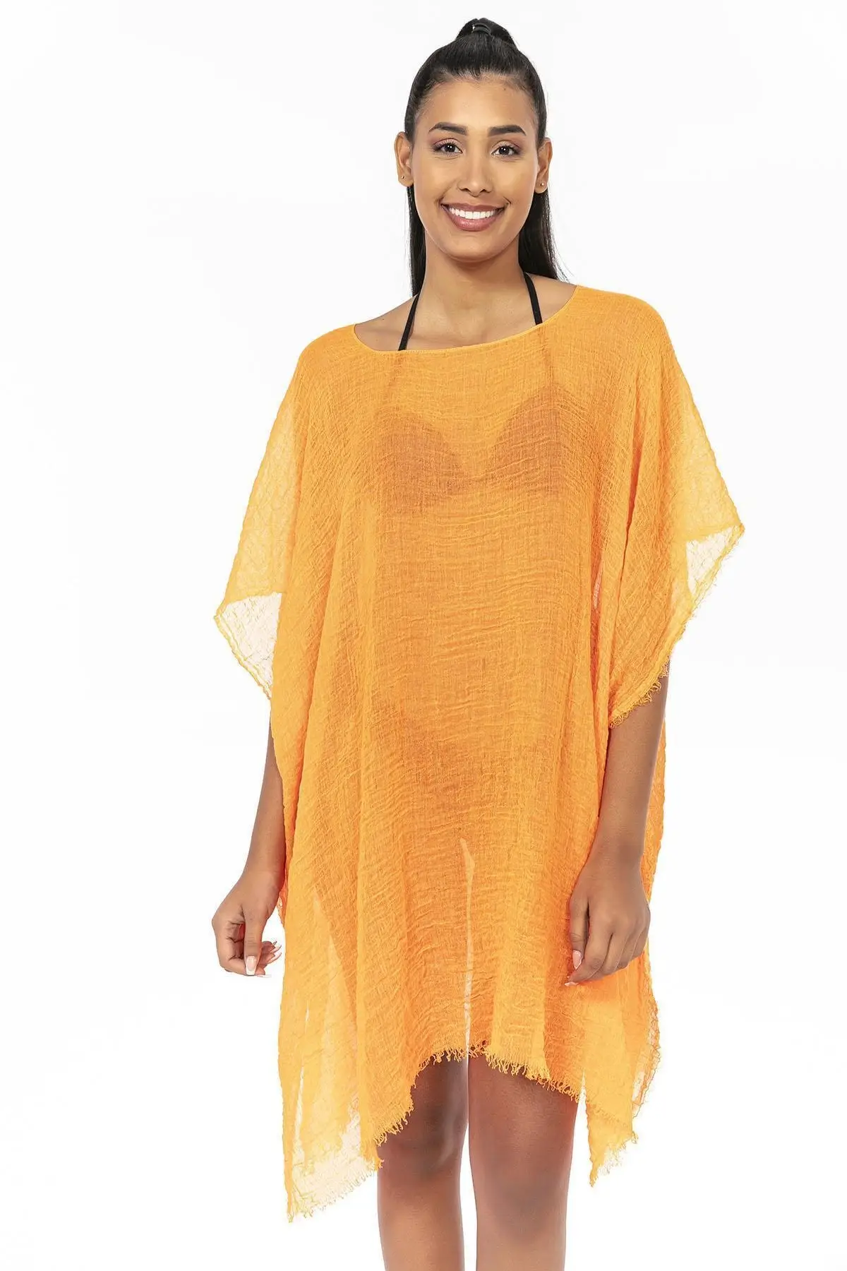 

Women's Pareo Orange Swimwear Cover Up Dress Sexy Tunic Suit Beachwear Female Beach Bikini Cover Loose Mini Dress