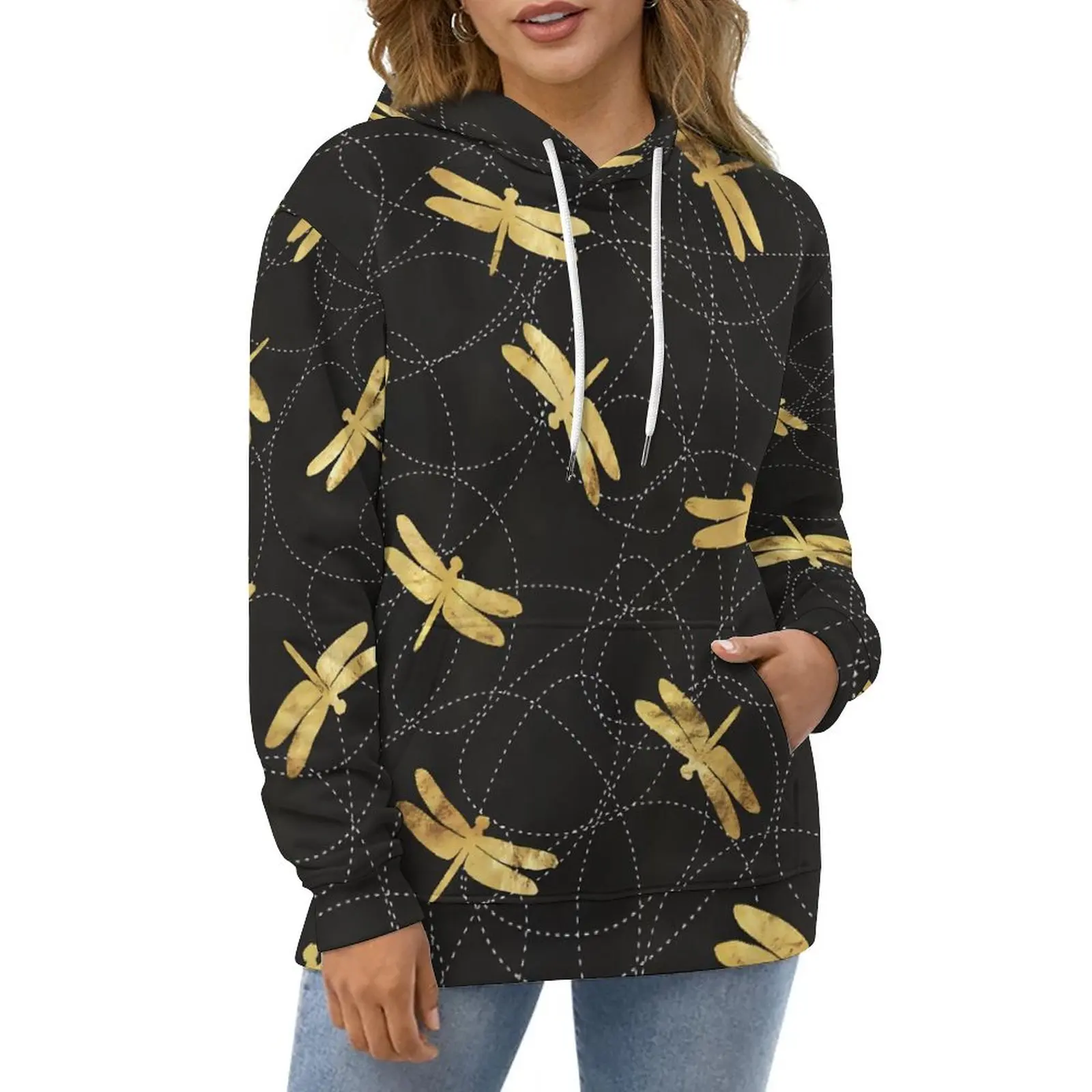 

Gold Dragonfly Casual Hoodies Modern Animal Retro Custom Loose Hoodie Spring Long Sleeve Street Fashion Oversized Top