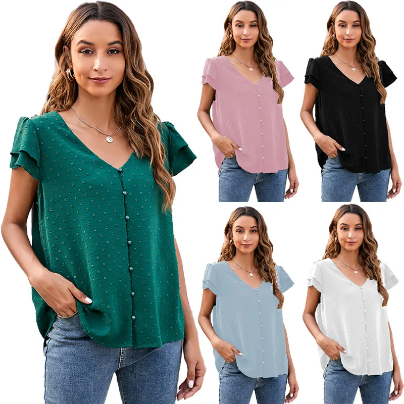 

Ruffled Short Sleeve V-Neck Buttoned Solid Chiffon Jacquard Shirt Woman Tshirts