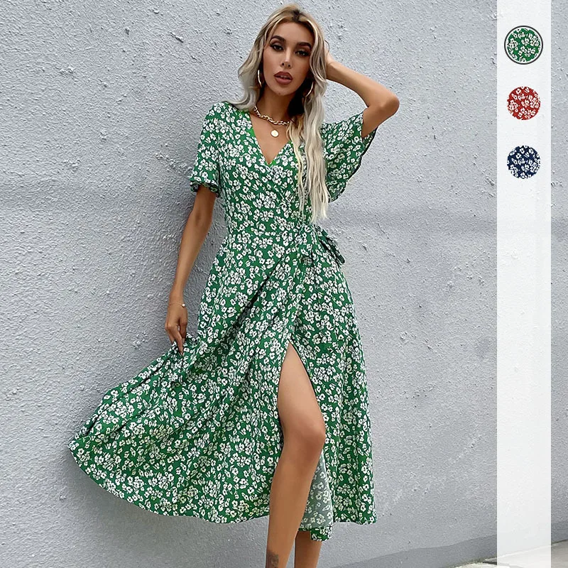 

French Style Green Slim Floral Printed Long Dress Women Elegant High-waist A-line Ladies Dress Casual Lace-up Vestidos 26317