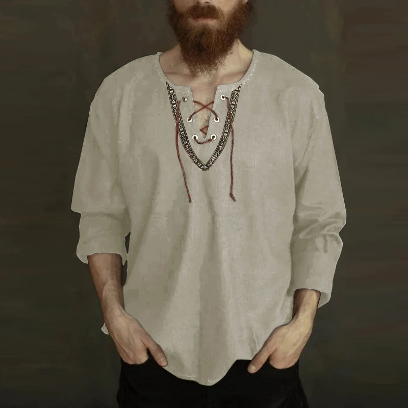 

Рубашка мужская хлопково-льняная с V-образным вырезом, винтажный Свободный пуловер с длинным рукавом и кулиской, Повседневная Уличная одежда