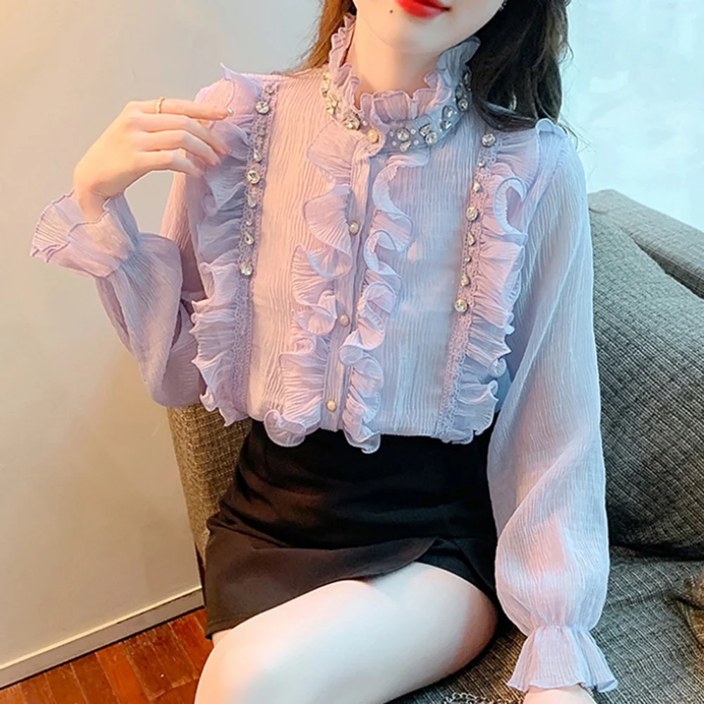 Heavy Wooden Ear Beaded Stand Single-Breasted Shirt for Women 2022 Spring New Fashion Sweet Fairy Lace Flare Sleeve Blouse images - 6