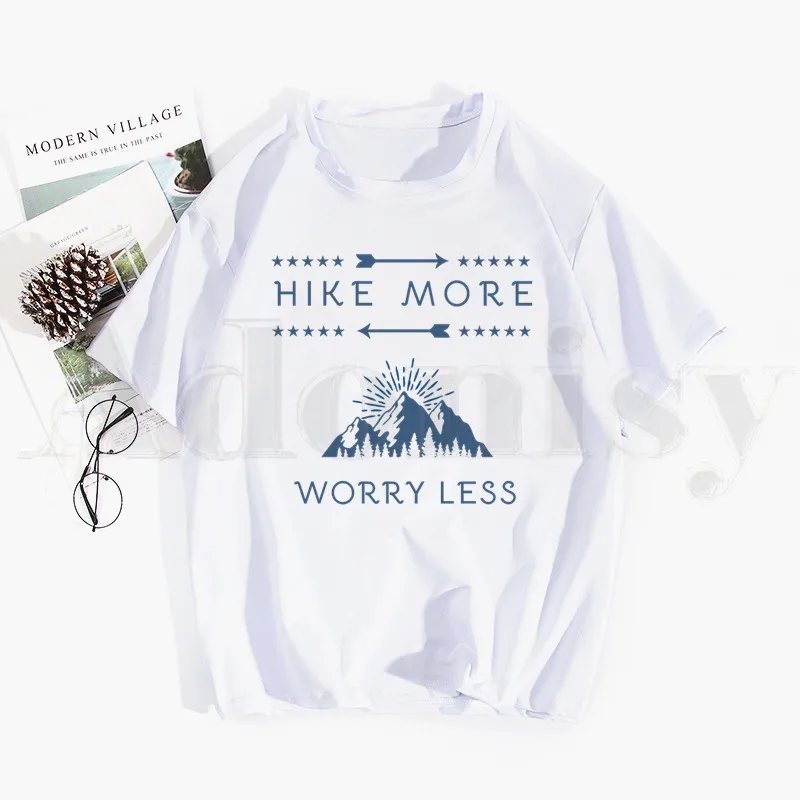 

HIKE MORE Worry Less Hiking Camping Outdoor Summer New 90 's Short Sleeve Print Clothing Men's T-Shirt Harajuku Graphic Clothing
