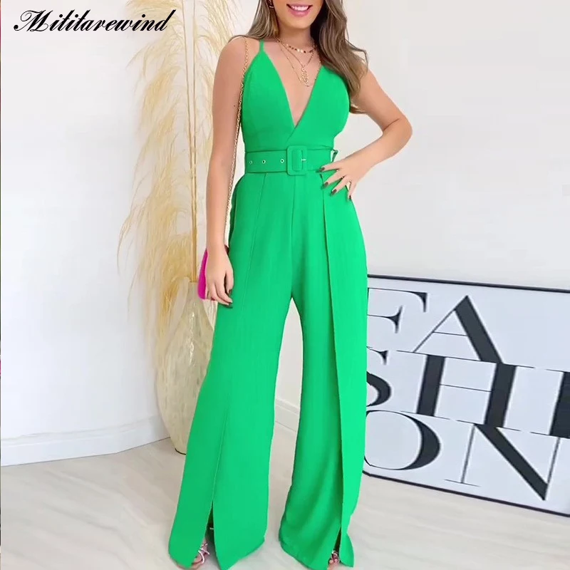 

Женский комбинезон без рукавов, элегантный комбинезон с V-образным вырезом, высокой талией и Боковым Разрезом, свободные брюки на бретелях-спагетти, лето 2023